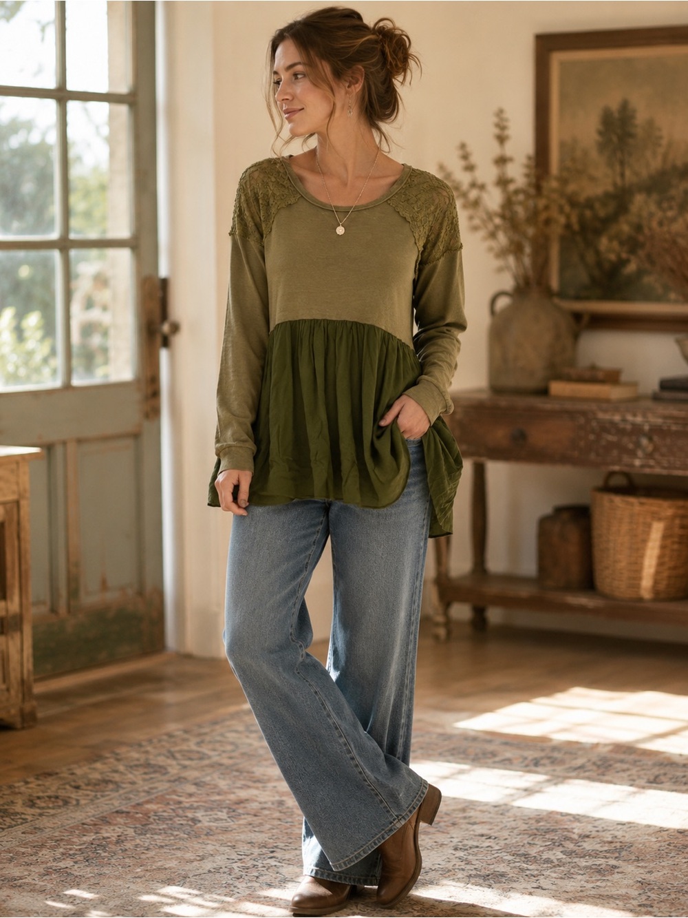 Suzanne Betro Olive Green Lace Babydoll Tunic Top XL Boho Romantic